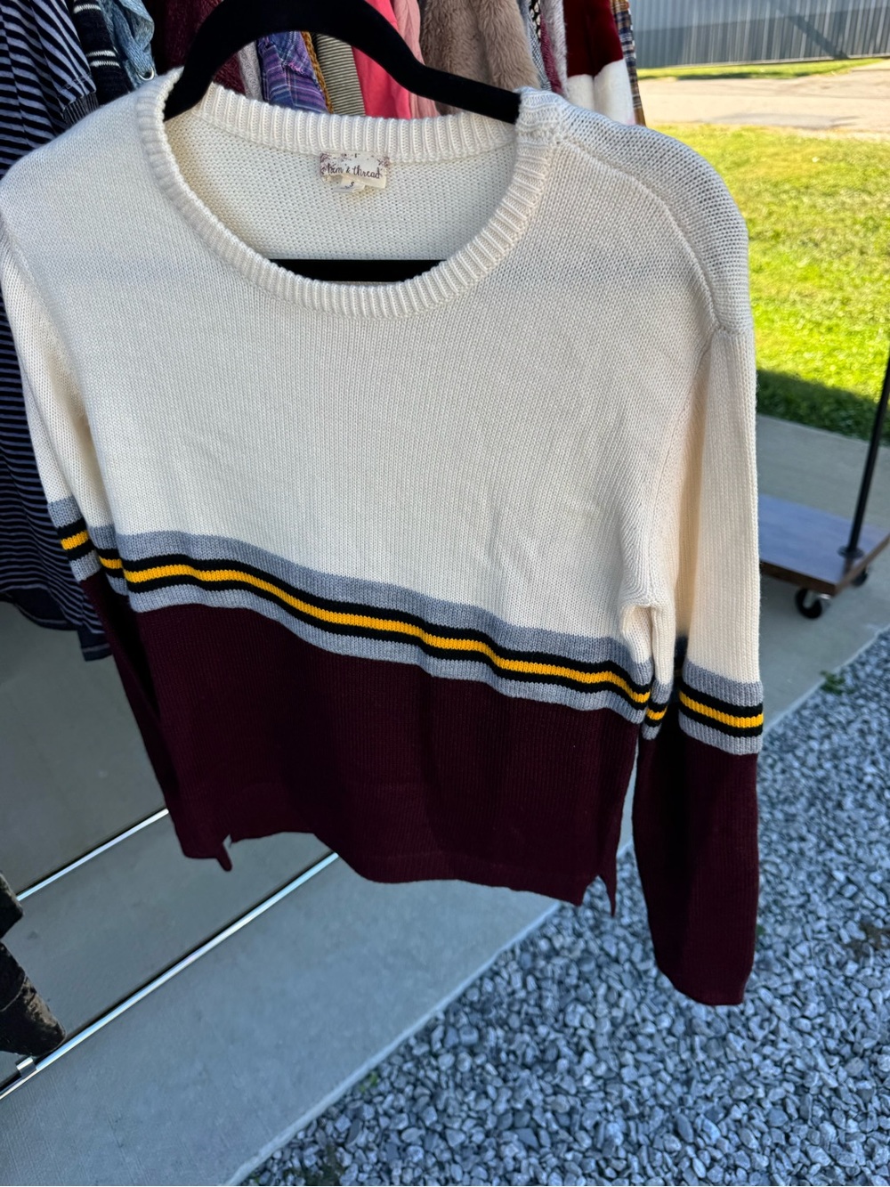 Hem & Thread Ivory and Burgundy Crewneck Sweater with Gray and Yellow Stripes